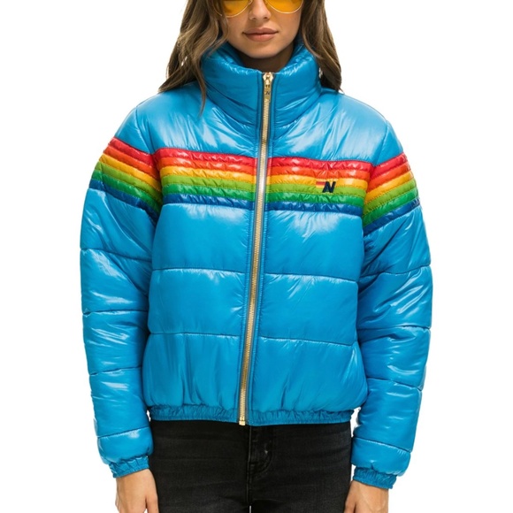 Women’s 6 Stripe Luxe Apres Puffer Jacket - Glossy Ocean - Picture 1 of 7